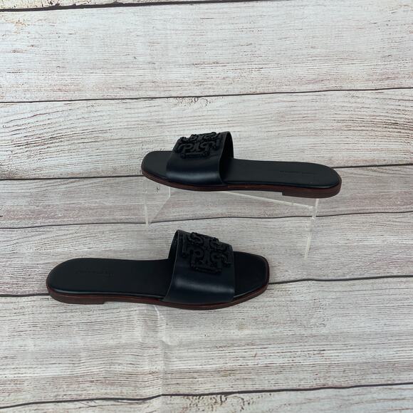 Tory Burch INES Womens Sz 8M Slide Sandals Black Leather - Picture 1 of 9